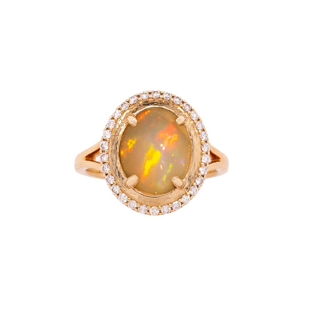 2.3cts Ethiopian Opal Ring In Solid 14k Gold With Diamond Halo